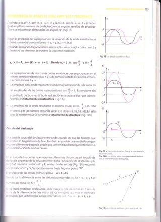 105
-rs ondas y,(x,t) = A . sen (K. x - ro . t) e y,(x,t) = A . sen (K . x - co . t * O) tienen
--ral amplitud, número de onda, frecuencia angular, sentido de propaga-
: ln y se encuentran desfasadas un ángulo "0". (Fig. 1 1)
!-.9ún el principio de superposición,la ecuación de la onda resultante
-:tiene sumando las ecuaciones
= yR = y,(x,t) + y, (x,t)
- : lizando la relación trigonométrica sen (cr + B¡ = sen o .cos B + cos crt, . sen p y
:'lenando los términos se obtiene la siguiente ecuación:
y* (x,t) =An.sen (K.x-ar.t+0) SiendoA,=2.n..o,
{ V
-a superposición de dos o más ondas armónicas que se propagan en el
mismo sentidoytienen igualKyco,da como resultado otra onda armóni-
:a con la misma K y ro.
-a amplitud de la onda resultante es máxima y corresponde a la suma de
as amplitudes de las ondas superpuestas si cos { =
't. Esto ocurre si Q
2
:s múltipf o de2n,o sea 0,2n,4n rad, etc. En este caso se dice que la inter-
'erencia es totalmente constructiva (Fig. 12a)
-a amplitud de la onda resultante es mínima (nula) si .o, 4 = 0 . Esto
2
lcurre si $ es un número impar de veces 7r, o sea $ = n,3n,5n, etc. En este
:aso la interferencia se denomina totalmente destructiva (Fig. 12b)
l¡lculo deldesfasaje
posible causa del desfasaje entre ondas, puede ser que las fuentes que
:nriten lo hagan fuera de fase.También es posible que se desfasen por
: rrer diferentes distancia desde que son emitidas hasta que interfieren o
combinación de ambas causas.
Fig. 1 1 Las ondas no están en fase.
a)
Fig.12 a) Las ondas están en fase y la interferencia
es constructiva.
Fig. 1 2b) Las ondas están completamente desfasa-
das, la interferencia es destructiva.
-t
/x
F,
Fig. I 3 Las o1o¿s se cesfas¿n un ángulo o = K. lx
e=A2
:i caso de las ondas que recorren diferentes distancias, el ángulo de
'asaje depende de la relación entre dicha diferencia de distancias y la
;itud de onda. Los focos F, y F, emiten ondas en fase (Fig. 13) y recorren
Cistancia "x," y "xr" respectivamente hasta llegar al punto "P".
::sfasaje de las ondas en P se calcula: 0 = K. Ax
=^Co Ax la diferencia entre las distancias recorridas + Ax = x, - x, y K el
--rerodeonda e K= 2+
:sfocosemitieran desfasados, eldesfasaje (o-)de las ondas en P sería la
--a de la diferencia de fase inicial de los emisores {,, más el desfasaje
': lucido por la diferencia de los recorridos io = K . tx -- 0- = 0, + 0
xr- -7-
 