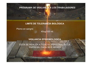 LIMITE DE TOLERANCIA BIOLÓGICA
Plomo en sangre:
40ug/100 ml
VIGILANCIA EPIDEMIOLOGICA
ESTA SE REALIZA A TODO EL PERSONAL DE LA
EMPRESA, CADA SEIS MESES
PROGRAMA DE VIGILANCIA A LOS TRABAJADORES
 