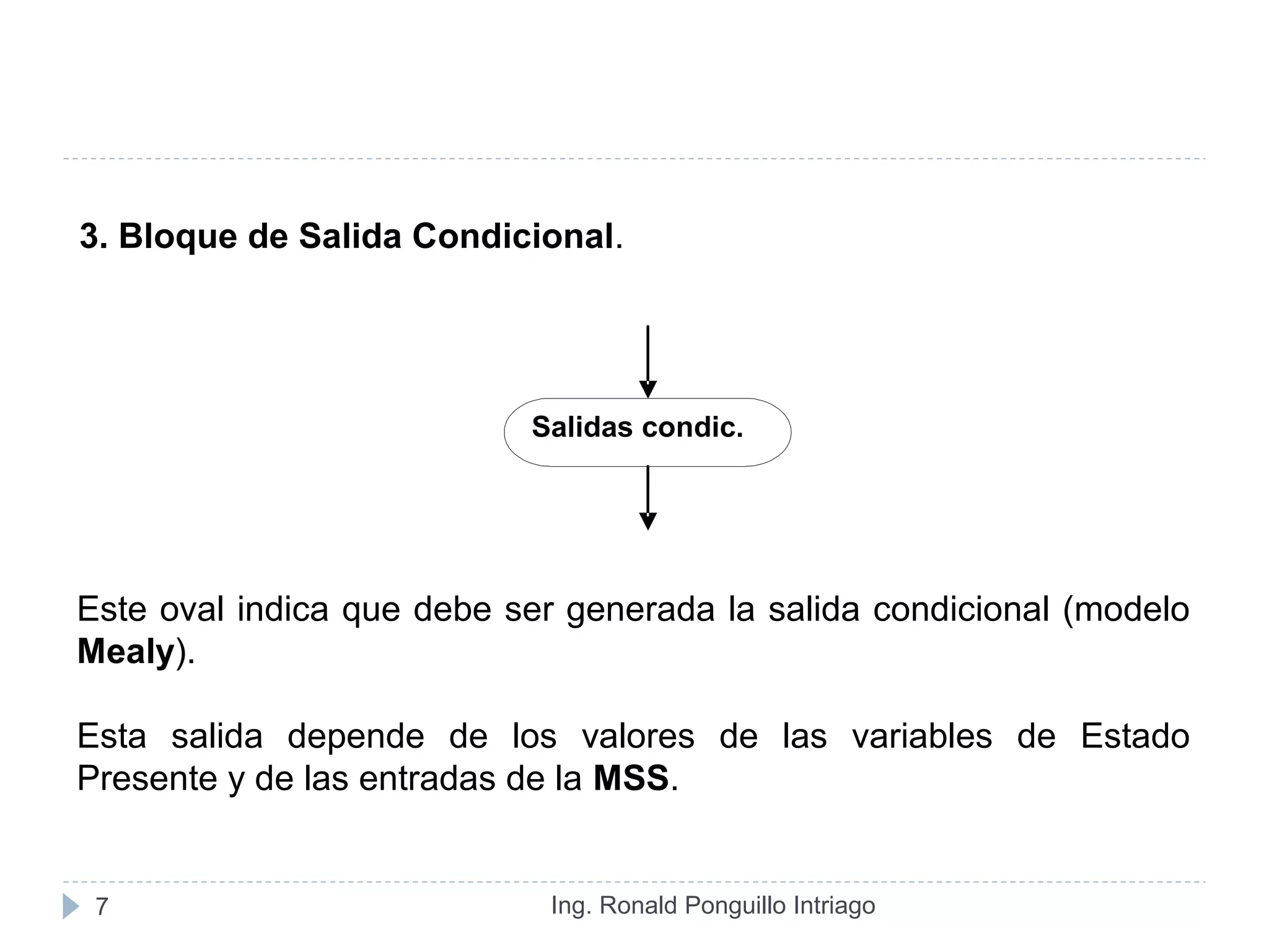 Ing. Ronald Ponguillo Intriago7
3. Bloque de Salida Condicional.
Salidas condic.
Este oval indica que debe ser generada la salida condicional (modelo
Mealy).
Esta salida depende de los valores de las variables de Estado
Presente y de las entradas de la MSS.
 