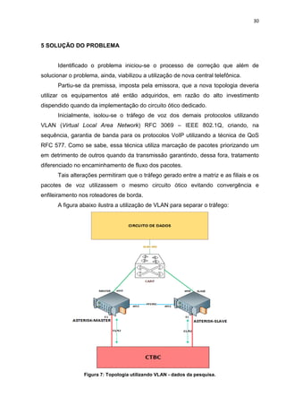 30
5 SOLUÇÃO DO PROBLEMA
Identificado o problema iniciou-se o processo de correção que além de
solucionar o problema, ainda, viabilizou a utilização de nova central telefônica.
Partiu-se da premissa, imposta pela emissora, que a nova topologia deveria
utilizar os equipamentos até então adquiridos, em razão do alto investimento
dispendido quando da implementação do circuito ótico dedicado.
Inicialmente, isolou-se o tráfego de voz dos demais protocolos utilizando
VLAN (Virtual Local Area Network) RFC 3069 – IEEE 802.1Q, criando, na
sequência, garantia de banda para os protocolos VoIP utilizando a técnica de QoS
RFC 577. Como se sabe, essa técnica utiliza marcação de pacotes priorizando um
em detrimento de outros quando da transmissão garantindo, dessa fora, tratamento
diferenciado no encaminhamento de fluxo dos pacotes.
Tais alterações permitiram que o tráfego gerado entre a matriz e as filiais e os
pacotes de voz utilizassem o mesmo circuito ótico evitando convergência e
enfileiramento nos roteadores de borda.
A figura abaixo ilustra a utilização de VLAN para separar o tráfego:
Figura 7: Topologia utilizando VLAN - dados da pesquisa.
 