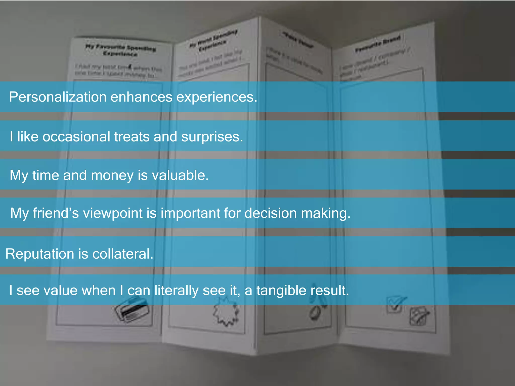 Personalization enhances experiences.

I like occasional treats and surprises.

My time and money is valuable.

My friend’s viewpoint is important for decision making.

Reputation is collateral.

I see value when I can literally see it, a tangible result.
 