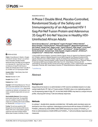 RESEARCH ARTICLE
A Phase I Double Blind, Placebo-Controlled,
Randomized Study of the Safety and
Immunogenicity of an Adjuvanted HIV-1
Gag-Pol-Nef Fusion Protein and Adenovirus
35 Gag-RT-Int-Nef Vaccine in Healthy HIV-
Uninfected African Adults
Gloria Omosa-Manyonyi1
, Juliet Mpendo2
, Eugene Ruzagira3
, William Kilembe4
,
Elwyn Chomba5
, François Roman6
, Patricia Bourguignon6
, Marguerite Koutsoukos6
,
Alix Collard6
, Gerald Voss6
, Dagna Laufer7
, Gwynn Stevens8
, Peter Hayes9
, Lorna Clark9
,
Emmanuel Cormier9
, Len Dally10
, Burc Barin10
, Jim Ackland11
, Kristen Syvertsen7
,
Devika Zachariah7
, Kamaal Anas7
, Eddy Sayeed7
, Angela Lombardo7
, Jill Gilmour9
,
Josephine Cox9
*, Patricia Fast7
, Frances Priddy7
1 Kenya AIDS Vaccine Initiative, University of Nairobi, Nairobi, Kenya, 2 Uganda Virus Research Institute-
IAVI, Entebbe, Uganda, 3 Medical Research Council (MRC)/Uganda Virus Research Institute (UVRI),
Uganda, Research Unit on AIDS, Entebbe, Uganda, 4 Zambia Emory HIV Research Program, Lusaka,
Zambia, 5 University Teaching Hospital, Lusaka, Zambia, 6 GlaxoSmithKline Vaccines, Rixensart, Belgium,
7 International AIDS Vaccine Initiative (IAVI), New York, NY, United States of America, 8 IAVI,
Johannesburg, South Africa, 9 IAVI, Human Immunology Laboratory, London, United Kingdom, 10 EMMES
Corporation, Rockville, MD, United States of America, 11 Global BioSolutions, Melbourne, Australia
* jcox@iavi.org
Abstract
Background
Sequential prime-boost or co-administration of HIV vaccine candidates based on an adju-
vanted clade B p24, RT, Nef, p17 fusion protein (F4/AS01) plus a non-replicating adenovi-
rus 35 expressing clade A Gag, RT, Int and Nef (Ad35-GRIN) may lead to a unique immune
profile, inducing both strong T-cell and antibody responses.
Methods
In a phase 1, double-blind, placebo-controlled trial, 146 healthy adult volunteers were ran-
domized to one of four regimens: heterologous prime-boost with two doses of F4/AS01E or
F4/AS01B followed by Ad35-GRIN; Ad35-GRIN followed by two doses of F4/AS01B; or
three co-administrations of Ad35-GRIN and F4/AS01B. T cell and antibody responses were
measured.
PLOS ONE | DOI:10.1371/journal.pone.0125954 May 11, 2015 1 / 27
OPEN ACCESS
Citation: Omosa-Manyonyi G, Mpendo J, Ruzagira
E, Kilembe W, Chomba E, Roman F, et al. (2015) A
Phase I Double Blind, Placebo-Controlled,
Randomized Study of the Safety and Immunogenicity
of an Adjuvanted HIV-1 Gag-Pol-Nef Fusion Protein
and Adenovirus 35 Gag-RT-Int-Nef Vaccine in
Healthy HIV-Uninfected African Adults. PLoS ONE 10
(5): e0125954. doi:10.1371/journal.pone.0125954
Academic Editor: T. Mark Doherty, Glaxo Smith
Kline, DENMARK
Received: November 10, 2014
Accepted: March 22, 2015
Published: May 11, 2015
Copyright: © 2015 Omosa-Manyonyi et al. This is an
open access article distributed under the terms of the
Creative Commons Attribution License, which permits
unrestricted use, distribution, and reproduction in any
medium, provided the original author and source are
credited.
Data Availability Statement: Ethical restrictions
prevent public sharing of data. The original B002
study set is available on request from IAVI’s data
analysis and co-ordinating center housed at EMMES,
Inc. Rockville, MD ( iavitrials@emmes.com).
Funding: This work was supported by GSK
Biologicals SA and the International AIDS Vaccine
Initiative. IAVI’s work is made possible by generous
support from many donors including: the Bill &
Melinda Gates Foundation; the Ministry of Foreign
 
