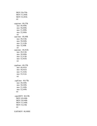 MOV 50,#78h
MOV 51,#04h
MOV 52,#03h
ret
capp:mov 48,#7fh
mov 49,#09h
mov 50,#09h
mov 51,#09h
mov 52,#06h
ret
capv:mov 48,#0fh
mov 49,#10h
mov 50,#60h
mov 51,#10h
mov 52,#0fh
ret
capx:mov 48,#63h
mov 49,#14h
mov 50,#08h
mov 51,#14h
mov 52,#63h
ret
capd:mov 48,#7fh
mov 49,#41h
mov 50,#41h
mov 51,#22h
mov 52,#1ch
ret
capE:mov 48,#7fh
mov 49,#49h
mov 50,#49h
mov 51,#49h
mov 52,#49h
ret
capu:MOV 48,#3fh
MOV 49,#40h
MOV 50,#40h
MOV 51,#40h
MOV 52,#3fh
ret
GAP:MOV 48,#00H
 