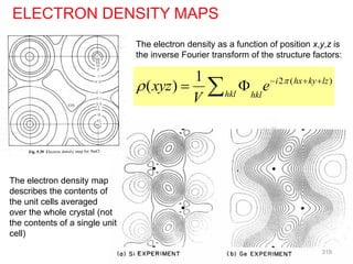 ELECTRON DENSITY MAPS
The electron density as a function of position x,y,z is
the inverse Fourier transform of the structure factors:
The electron density map
describes the contents of
the unit cells averaged
over the whole crystal (not
the contents of a single unit
cell)
2 ( )
1
( ) i hx ky lz
hkl hkl
xyz e
V

   
 

319
 