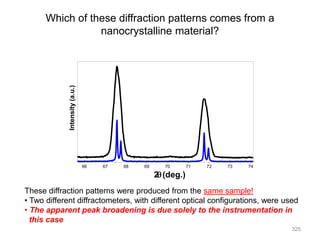 Which of these diffraction patterns comes from a
nanocrystalline material?
66 67 68 69 70 71 72 73 74
2(deg.)
Intensity
(a.u.)
These diffraction patterns were produced from the same sample!
• Two different diffractometers, with different optical configurations, were used
• The apparent peak broadening is due solely to the instrumentation in
this case
325
 