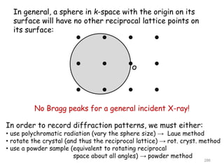 In general, a sphere in k-space with the origin on its
surface will have no other reciprocal lattice points on
its surface:
No Bragg peaks for a general incident X-ray!
In order to record diffraction patterns, we must either:
• use polychromatic radiation (vary the sphere size) → Laue method
• rotate the crystal (and thus the reciprocal lattice) → rot. cryst. method
• use a powder sample (equivalent to rotating reciprocal
space about all angles) → powder method
O
286
 