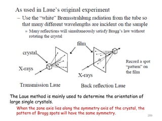 The Laue method is mainly used to determine the orientation of
large single crystals.
When the zone axis lies along the symmetry axis of the crystal, the
pattern of Bragg spots will have the same symmetry.
289
 