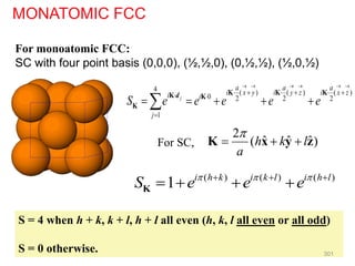 S = 4 when h + k, k + l, h + l all even (h, k, l all even or all odd)
S = 0 otherwise.
( ) ( ) ( )
1 i h k i k l i h l
S e e e
  
  
   
K
For monoatomic FCC:
SC with four point basis (0,0,0), (½,½,0), (0,½,½), (½,0,½)
4 ( ) ( ) ( )
0 2 2 2
1
j
a a a
i x y i y z i x z
i i
j
S e e e e e
     
     
 

    

K K K
K K
K
d
MONATOMIC FCC
2
ˆ ˆ ˆ
( )
h k l
a

  
K x y z
For SC,
301
 