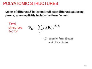 POLYATOMIC STRUCTURES
Atoms of different Z in the unit cell have different scattering
powers, so we explicitly include the form factors:
Total
structure
factor
{fj }: atomic form factors
 # of electrons
( ) j
i
j
j
f e

  
K d
K K
302
 