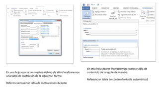 En una hoja aparte de nuestro archivo de Word realizaremos
una tabla de ilustración de la siguiente forma:
Referencia<Insertar tabla de ilustraciones<Aceptar
En otra hoja aparte insertaremos nuestra tabla de
contenido de la siguiente manera:
Referencia< tabla de contenido<tabla automática2
 