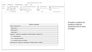 Al realizar lo anterior les
quedará su tabla de
contenido como lo indica
la imagen
 