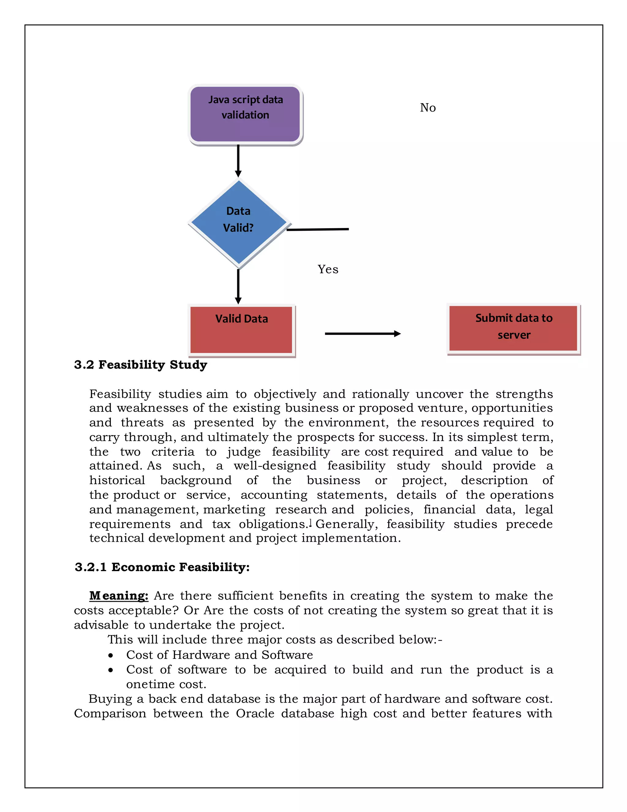 No No
Yes
3.2 Feasibility Study
Feasibility studies aim to objectively and rationally uncover the strengths
and weaknesses of the existing business or proposed venture, opportunities
and threats as presented by the environment, the resources required to
carry through, and ultimately the prospects for success. In its simplest term,
the two criteria to judge feasibility are cost required and value to be
attained. As such, a well-designed feasibility study should provide a
historical background of the business or project, description of
the product or service, accounting statements, details of the operations
and management, marketing research and policies, financial data, legal
requirements and tax obligations.] Generally, feasibility studies precede
technical development and project implementation.
3.2.1 Economic Feasibility:
Meaning: Are there sufficient benefits in creating the system to make the
costs acceptable? Or Are the costs of not creating the system so great that it is
advisable to undertake the project.
This will include three major costs as described below:-
 Cost of Hardware and Software
 Cost of software to be acquired to build and run the product is a
onetime cost.
Buying a back end database is the major part of hardware and software cost.
Comparison between the Oracle database high cost and better features with
Java script data
validation
Data
Valid?
Valid Data Submit data to
server
 