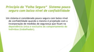 Princípio da "Falha Segura“ Sistema pouco
seguro com baixo nível de confiabilidade
Um sistema é considerado pouco seguro com baixo nível
de confiabilidade quando o mesmo é projetado com a
incorporação de medidas de segurança que ficam na
dependência única e exclusiva do comportamento do
indivíduo (trabalhador).
 
