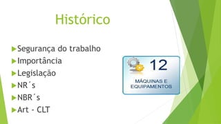 Histórico
Segurança do trabalho
Importância
Legislação
NR´s
NBR´s
Art - CLT
 