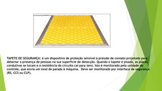 TAPETE DE SEGURANÇA: é um dispositivo de proteção sensível à pressão de contato projetado para
detectar a presença de pessoas na sua superfície de detecção. Quando o tapete é pisado, as placas
condutivas se tocam e a resistência do circuito cai para zero. Isto é monitorado pela unidade de
controle, que envia um sinal de parada à máquina. Deve ser monitorado por interface de segurança
(RS, CCS ou CLP).
 