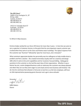 UPS Letter of Recommendation - Previous Employer
