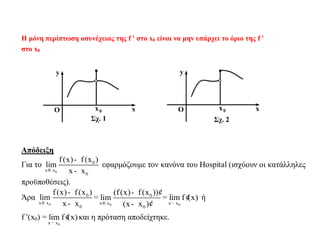 Η μόνη περίπτωση ασυνέχειας της f  στο x0 είναι να μην υπάρχει το όριο της f 
στο x0
Απόδειξη
Για το
0
0
x x
0
f (x) f (x )
lim
x x®
-
-
εφαρμόζουμε τον κανόνα του Hospital (ισχύουν οι κατάλληλες
προϋποθέσεις).
Άρα
0
0
x x
0
f (x) f (x )
lim
x x®
-
-
=
0
0
x x
0
(f(x) f(x ))
lim
(x x )®
¢-
¢-
=
0x x
lim f (x)
¬
¢ ή
f (x0) =
0x x
lim f (x)
¬
¢ και η πρόταση αποδείχτηκε.
 