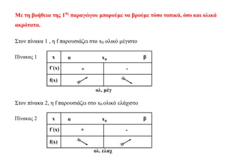 Με τη βοήθεια της 1ης
παραγώγου μπορούμε να βρούμε τόσο τοπικά, όσο και ολικά
ακρότατα.
Στον πίνακα 1 , η f παρουσιάζει στο x0 ολικό μέγιστο
Στον πίνακα 2, η f παρουσιάζει στο x0 ολικό ελάχιστο
 