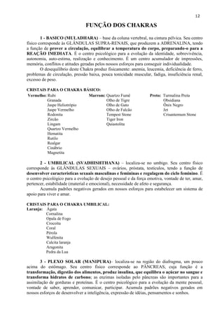 12 
FUNÇÃO DOS CHAKRAS 
1 - BASICO (MULADHARA) – base da coluna vertebral, na cintura pélvica. Seu centro físico corresponde às GLÂNDULAS SUPRA-RENAIS, que produzem a ADRENALINA, tendo a função de prover a circulação, equilibrar a temperatura do corpo, preparando-o para a REAÇÃO IMEDIATA. É o centro psicológico para a evolução da identidade, sobrevivência, autonomia, auto-estima, realização e conhecimento. É um centro acumulador de impressões, memória, conflitos e atitudes geradas pelos nossos esforços para conseguir individualidade. 
O desequilíbrio deste Chakra produz fisicamente: anemia, leucemia, deficiência de ferro, problemas de circulação, pressão baixa, pouca tonicidade muscular, fadiga, insuficiência renal, excesso de peso. 
CRISTAIS PARA O CHAKRA BÁSICO: 
Vermelho: Rubi 
Granada 
Jaspe Heliotrópio 
Jaspe Vermelho 
Rodonita 
Zircão 
Lingam 
Quartzo Vermelho 
Hematita 
Rutilo 
Realgar 
Cinábrio 
Magnetita 
Marrom: Quartzo Fumê 
Olho de Tigre 
Olho de Gato 
Olho de Falcão 
Tempest Stone 
Tiger Iron 
Quiastolita 
Preto: Turmalina Preta 
Obsidiana 
Ônix Negro 
Jet 
Crisantemum Stone 
2 - UMBILICAL (SVADHISHTHANA) – localiza-se no umbigo. Seu centro físico corresponde às GLÂNDULAS SEXUAIS – ovários, próstata, testículos, tendo a função de desenvolver características sexuais masculinas e femininas e regulagem do ciclo feminino. É o centro psicológico para a evolução de desejo pessoal e da força emotiva, vontade de ter, amar, pertencer, estabilidade (material e emocional), necessidade de afeto e segurança. 
Acumula padrões negativos gerados em nossos esforços para estabelecer um sistema de apoio para viver e amar. 
CRISTAIS PARA O CHAKRA UMBILICAL: 
Laranja: Ágata 
Cornalina 
Opala de Fogo 
Crocoíta 
Coral 
Pérola 
Wulfenita 
Calcita laranja 
Aragonita 
Pedra da Lua 
3 - PLEXO SOLAR (MANIPURA)– localiza-se na região do diafragma, um pouco acima do estômago. Seu centro físico corresponde ao PÂNCREAS, cuja função é a transformação, digestão dos alimentos, produz insulina, que equilibra o açúcar no sangue e transforma hidratos de carbono; as enzimas isoladas pelo pâncreas são importantes para a assimilação de gorduras e proteínas. É o centro psicológico para a evolução da mente pessoal, vontade de saber, aprender, comunicar, participar. Acumula padrões negativos gerados em nossos esforços de desenvolver a inteligência, expressão de idéias, pensamentos e sonhos.  