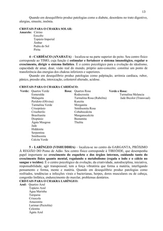 13 
Quando em desequilíbrio produz patologias como a diabete, desordens no trato digestivo, alergias, sinusite, insônia. 
CRISTAIS PARA O CHAKRA SOLAR: 
Amarelo: Citrino 
Enxofre 
Topázio Imperial 
Âmbar 
Pedra do Sol 
Pirita 
4 - CARDÍACO (ANAHATA) – localiza-se na parte superior do peito. Seu centro físico corresponde ao TIMO, cuja função é estimular e fortalecer o sistema imunológico, regular o crescimento, dirigir o sistema linfático. É o centro psicológico para a evolução do idealismo, capacidade de amar, doar, visão real do mundo, próprio auto-conceito; constitui um ponto de transferência das energias dos chakras inferiores e superiores. 
Quando em desequilíbrio produz patologias como palpitação, arritmia cardíaca, rubor, pânico, pressão alta, intoxicação, colesterol alterado, acidose. 
CRISTAIS PARA O CHAKRA CARDÍACO: 
Verde: Quartzo Verde 
Esmeralda 
Malaquita 
Perídoto (Olivina) 
Turmalina Verde 
Crisoprásio 
Crisoberilo 
Brasilianita 
Dioptásio 
Ágata Musgosa 
Jade 
Hiddenita 
Serpentina 
Smithsonita 
Calcita Verde 
Rosa: Quartzo Rosa 
Rodocrosita 
Turmalina Rosa (Rubelita) 
Kunzita 
Morganita 
Smithsonita Rosa 
Cobaltocalcita 
Manganocalcita 
Bustamita 
Thulita 
Verde e Rosa: 
Turmalina Melancia 
Jade Bicolor (Transvaal) 
5 - LARÍNGEO (VISHUDDHA) – localiza-se no centro da GARGANTA, PRÓXIMO À REGIÃO DO Pomo de Adão. Seu centro físico corresponde à TIREÓIDE, que desempenha papel importante no crescimento do esqueleto e dos órgãos internos, cuidando tanto do crescimento físico quanto mental, regulando o metabolismo (regula o iodo e o cálcio no sangue e tecidos). É o centro psicológico da evolução, da criatividade, autodisciplina, iniciativa, responsabilidade, agir transpessoal; tem a força vibratória que forma a matéria, interligando pensamento e forma, mente e matéria. Quando em desequilíbrio produz patologias como resfriados, tendências a infecções virais e bacterianas, herpes, dores musculares ou de cabeça, congestão linfática, endurecimento do maxilar, problemas dentários. 
CRISTAIS PARA O CHAKRA LARÍNGEO: 
Azul: Quartzo Azul 
Topázio Azul 
Água Marinha 
Turquesa 
Crisocola 
Amazonita 
Larimar (Pectolita) 
Celestita 
Ágata Azul  