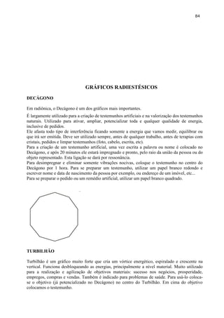 84 
GRÁFICOS RADIESTÉSICOS 
DECÁGONO 
Em radiônica, o Decágono é um dos gráficos mais importantes. 
É largamente utilizado para a criação de testemunhos artificiais e na valorização dos testemunhos naturais. Utilizado para ativar, ampliar, potencializar toda e qualquer qualidade de energia, inclusive de pedidos. 
Ele afasta todo tipo de interferência ficando somente a energia que vamos medir, equilibrar ou que irá ser emitida. Deve ser utilizado sempre, antes de qualquer trabalho, antes de terapias com cristais, pedidos e limpar testemunhos (foto, cabelo, escrita, etc). 
Para a criação de um testemunho artificial, uma vez escrita a palavra ou nome é colocado no Decágono, e após 20 minutos ele estará impregnado e pronto, pelo raio da união da pessoa ou do objeto representado. Esta ligação se dará por ressonância. 
Para desimpregnar e eliminar somente vibrações nocivas, coloque o testemunho no centro do Decágono por 1 hora. Para se preparar um testemunho, utilizar um papel branco redondo e escrever nome e data de nascimento da pessoa por exemplo, ou endereço de um imóvel, etc... 
Para se preparar o pedido ou um remédio artificial, utilizar um papel branco quadrado. 
TURBILHÃO 
Turbilhão é um gráfico muito forte que cria um vórtice energético, espiralado e crescente na vertical. Funciona desbloqueando as energias, principalmente a nível material. Muito utilizado para a realização e agilização de objetivos materiais: sucesso nos negócios, prosperidade, empregos, compras e vendas. Também é indicado para problemas de saúde. Para usá-lo coloca- se o objetivo (já potencializado no Decágono) no centro do Turbilhão. Em cima do objetivo colocamos o testemunho.  