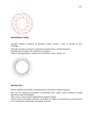 85 
DESIMPREGNADOR 
Aparelho radiônico composto de Decágono, quatro círculos e setas no sentido da força centrífuga. 
Utilizado na limpeza, proteção e valorização do plano físico e material da pessoa. 
Proteção contra energias sutis, deletérias ou negativas. 
Usado na desimpregnação e limpeza de testemunhos, cristais, bastões, etc... 
DIAFRAGMA 
Gráfico radiônico que permite a neutralização de todo tipo de energias negativas. 
Para seu uso coloque primeiramente o testemunho (foto, cabelo, unha, assinatura em papel branco) no centro do diafragma. 
Após 1 hora, a pessoa estará neutralizada de qualquer energia. 
Convém deixar este gráfico radiônico, de tempos em tempos, posicionado num local discreto, com o testemunho energizando e protegendo a pessoa. 
 
