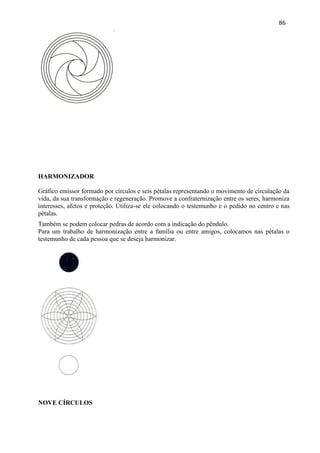 86 
HARMONIZADOR 
Gráfico emissor formado por círculos e seis pétalas representando o movimento de circulação da vida, da sua transformação e regeneração. Promove a confraternização entre os seres, harmoniza interesses, afetos e proteção. Utiliza-se ele colocando o testemunho e o pedido no centro e nas pétalas. 
Também se podem colocar pedras de acordo com a indicação do pêndulo. 
Para um trabalho de harmonização entre a família ou entre amigos, colocamos nas pétalas o testemunho de cada pessoa que se deseja harmonizar. 
NOVE CÍRCULOS 
 