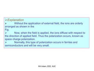 Explanation
 Without the application of external field, the ions are orderly
arranged as shown in the
Fig.
 Now, when the field is applied, the ions diffuse with respect to
the direction of applied field. Thus the polarization occurs, known as
space charge polarization.
 Normally, this type of polarization occurs in ferrites and
semiconductors and will be very small.
M A Islam, EEE, IIUC
 