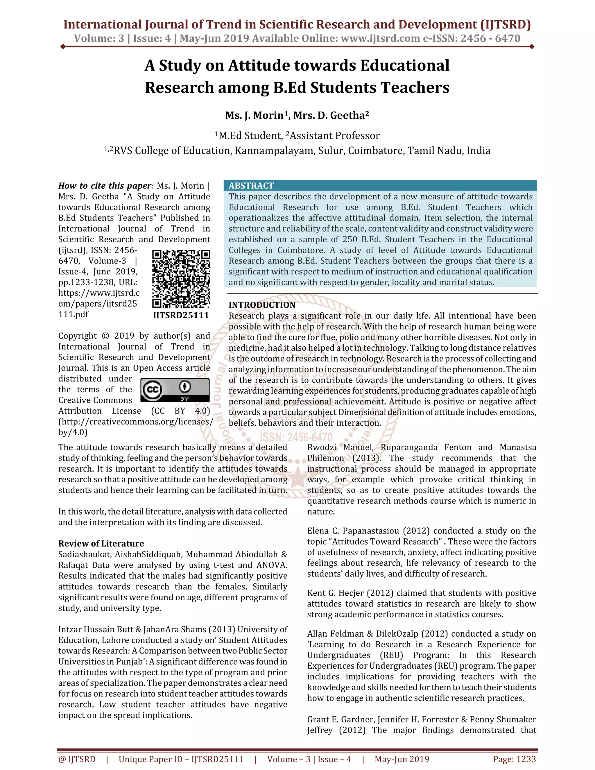 A Study on Attitude towards Educational Research among B.Ed Students ...