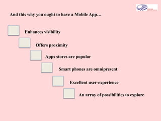 And this why you ought to have a Mobile App…
Smart phones are omnipresent
An array of possibilities to explore
Apps stores are popular
Excellent user-experience
Offers proximity
Enhances visibility
 