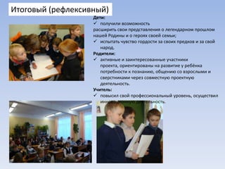 Итоговый (рефлексивный)
Дети:
 получили возможность
расширить свои представления о легендарном прошлом
нашей Родины и о героях своей семьи;
 испытать чувство гордости за своих предков и за свой
народ.
Родители:
 активные и заинтересованные участники
проекта, ориентированы на развитие у ребёнка
потребности к познанию, общению со взрослыми и
сверстниками через совместную проектную
деятельность.
Учитель:
 повысил свой профессиональный уровень, осуществил
инновационную деятельность.

 