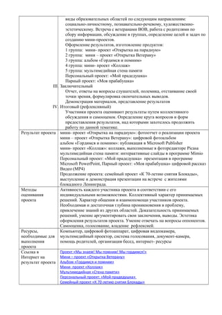 виды образовательных областей по следующим направлениям:
социально-личностному, познавательно-речевому, художественноэстетическому. Встреча с ветеранами ВОВ, работа с родителями по
сбору информации, обсуждение в группах, определение целей и задач по
созданию мини-проектов.
Оформление результатов, изготовление продуктов:
1 группа: мини- проект «Открытка на парадную»
2 группа: мини – проект «Открытка Ветерану»
3 группа: альбом «Гордимся и помним»
4 группа: мини- проект «Коллаж»
5 группа: мультимедийная стена памяти
Персональный проект: «Мой прадедушка»
Парный проект: «Моя прабабушка»
III. Заключительный
Отчет, ответы на вопросы слушателей, полемика, отстаивание своей
точки зрения, формулировка окончательных выводов.
Демонстрация материалов, представление результатов
IV. Итоговый (рефлексивный)
Участники проекта оценивают результаты путем коллективного
обсуждения и самооценок. Определение круга вопросов и форм
предоставления результатов, над которыми захотелось продолжить
работу по данной тематике.
Результат проекта мини- проект «Открытка на парадную»: фотоотчет о реализации проекта
мини – проект «Открытка Ветерану»: цифровой фотоальбом
альбом «Гордимся и помним»: публикация в Microsoft Publisher
мини- проект «Коллаж»: коллажи, выполненные в фоторедакторе Picasa
мультимедийная стена памяти: интерактивные слайды в программе Mimio
Персональный проект: «Мой прадедушка» презентация в программе
Microsoft PowerPoint, Парный проект: «Моя прабабушка» цифровой рассказ
Видео (MP4)
Продолжение проекта: семейный проект «К 70-летию снятия Блокады»,
выступление и демонстрация презентации на встрече с жителями
блокадного Ленинграда.
Методы
Активность каждого участника проекта в соответствии с его
оценивания
индивидуальными возможностями. Коллективный характер принимаемых
проекта
решений. Характер общения и взаимопомощи участников проекта.
Необходимая и достаточная глубина проникновения в проблему,
привлечение знаний из других областей. Доказательность принимаемых
решений, умение аргументировать свои заключения, выводы. Эстетика
оформления результатов проекта. Умение отвечать на вопросы оппонентов.
Самооценка, голосование, владение рефлексией.
Ресурсы,
Компьютер, цифровой фотоаппарат, цифровая видеокамера,
необходимые для мультимедийный проектор, система голосования, документ-камера,
выполнения
помощь родителей, организация бесед, интернет- ресурсы
проекта
Проект «Мы знаем! Мы помним! Мы гордимся!»
Ссылка в
Мини – проект «Открытка Ветерану»
Интернет на
результат проекта Альбом «Гордимся и помним»
Мини- проект «Коллаж»
Мультимедийная «Стена памяти»
Персональный проект: «Мой прадедушка»
Семейный проект «К 70-летию снятия Блокады»

 