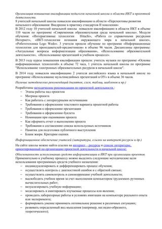 Организация повышения квалификации педагогов начальной школы в области ИКТ и проектной
деятельности.
8 учителей начальной школы повысили квалификацию в области «Перспективы развития
начального образования: Внедрение в практику стандартов II поколения»
В 2012 году 10 учителей начальной школы повысили квалификацию в области ИКТ в объеме
110 часов по программе «Современная образовательная среда начальной школы». Модули
обучения: «Интерактивные технологии
Hitachi», «Работа со справочными ресурсами
Интернет», «ИКТ-технологии познания окружающего мира в начальной школе»,
«Робототехника Lego Wedo». 3 учителя прошли обучение по программе «Информационные
технологии для преподавателей-предметников» в объеме 96 часов. Дисциплины программы:
«Актуальные вопросы информатизации образования», «Использование образовательной
деятельности», «Использование презентаций в учебном процессе».
В 2013 году курсы повышения квалификации прошли: учитель музыки по программе «Основы
информационных технологий» в объеме 72 часа, 1 учитель начальной школы по программе
"Использование электронных образовательных ресурсов в начальной школе".
В 2014 году повысили квалификацию 2 учителя английского языка в начальной школе по
программе «Использование мультимедийных презентаций в ОУ» в объеме 36 часов.
Наличие методических рекомендаций (памяток, схем, таблиц, шаблонов и пр.)
Разработаны методические рекомендации по проектной деятельности.:
− Этапы работы над проектом
− Матрица проекта
− Как работать с литературными источниками
− Требования к оформлению текстового варианта проектной работы
− Требования к оформлению презентации
− Требования к оформлению буклета
− Номинации при оценивании проекта
− Как оформить отчет о выполнении проекта
− Требования к составлению списка используемых источников
− Памятка для подготовки публичного выступления
− Бланк жюри. Критерии оценки.
Информационное обеспечение учителей (литература, ссылки на интернет-ресурсы и др.)
На сайте школы можно найти ссылки на интернет – ресурсы и список литературы,
ориентированный на организацию проектной деятельности в начальной школе:
Обоснованность использования средств информатизации и ИКТ при организации проектов.
Применительно к учебному процессу можно выделить следующие методические цели
использования программных средств учебного назначения:
− индивидуализировать и дифференцировать процесс обучения;
− осуществлять контроль с диагностикой ошибок и с обратной связью;
− осуществлять самоконтроль и самокоррекцию учебной деятельности;
− высвободить учебное время за счет выполнения компьютером трудоемких рутинных
вычислительных работ;
− визуализировать учебную информацию;
− моделировать и имитировать изучаемые процессы или явления;
− проводить лабораторные работы в условиях имитации на компьютере реального опыта
или эксперимента;
− формировать умение принимать оптимальное решение в различных ситуациях;
− развивать определенный вид мышления (например, наглядно-образного,
теоретического);

 
