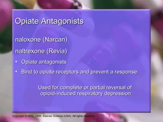 Copyright © 2002, 1998, Elsevier Science (USA). All rights reserved.
Opiate AntagonistsOpiate Antagonists
naloxone (Narcan)naloxone (Narcan)
naltrexone (Revia)naltrexone (Revia)
• Opiate antagonistsOpiate antagonists
• Bind to opiate receptors and prevent a responseBind to opiate receptors and prevent a response
Used for complete or partial reversal ofUsed for complete or partial reversal of
opioid-induced respiratory depressionopioid-induced respiratory depression
 