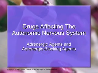 Copyright © 2002, 1998, Elsevier Science (USA). All rights reserved.
Drugs Affecting TheDrugs Affecting The
Autonomic Nervous SystemAutonomic Nervous System
Adrenergic Agents andAdrenergic Agents and
Adrenergic-Blocking AgentsAdrenergic-Blocking Agents
 