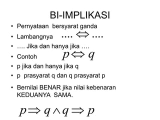 BI-IMPLIKASI
• Pernyataan bersyarat ganda
....
.... 
• Lambangnya
• …. Jika dan hanya jika ….
q
p
• Contoh
• p jika dan hanya jika q
• p prasyarat q dan q prasyarat p
• Bernilai BENAR jika nilai kebenaran
KEDUANYA SAMA.
p
q
q
p 


 