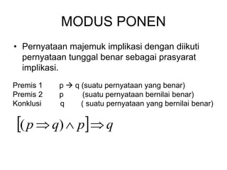 MODUS PONEN
• Pernyataan majemuk implikasi dengan diikuti
pernyataan tunggal benar sebagai prasyarat
implikasi.
Premis 1 p  q (suatu pernyataan yang benar)
Premis 2 p (suatu pernyataan bernilai benar)
Konklusi q ( suatu pernyataan yang bernilai benar)
  q
p
q
p 

 )
(
 