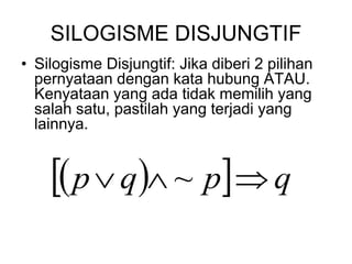 SILOGISME DISJUNGTIF
• Silogisme Disjungtif: Jika diberi 2 pilihan
pernyataan dengan kata hubung ATAU.
Kenyataan yang ada tidak memilih yang
salah satu, pastilah yang terjadi yang
lainnya.
 
  q
p
q
p 

 ~
 