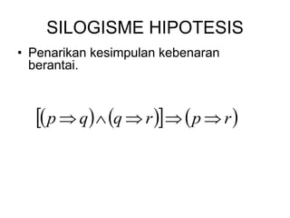 SILOGISME HIPOTESIS
• Penarikan kesimpulan kebenaran
berantai.
   
   
r
p
r
q
q
p 




 