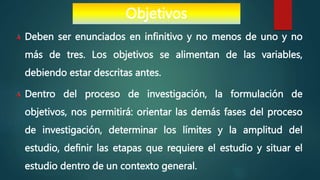 Deben ser enunciados en infinitivo y no menos de uno y no
más de tres. Los objetivos se alimentan de las variables,
debiendo estar descritas antes.
Dentro del proceso de investigación, la formulación de
objetivos, nos permitirá: orientar las demás fases del proceso
de investigación, determinar los límites y la amplitud del
estudio, definir las etapas que requiere el estudio y situar el
estudio dentro de un contexto general.
Objetivos
 