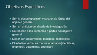 Objetivos Específicos
 Son la descomposición y secuencia lógica del
objetivo general.
 Son un anticipo del diseño de investigación
 Se refieren a los subtemas o partes del objetivo
general
 Deber ser: observables, medibles, realizables
 El infinitivo verbal es menos abarcador(identificar,
enumerar, determinar, enunciar)
 