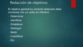 Redacción de objetivos:
El objetivo general su correcta redacción debe
comenzar con un verbo en infinitivo:
- Determinar
- Identificar
- Establecer
- Distinguir
- Medir
- Cuantificar
- Etc.
 