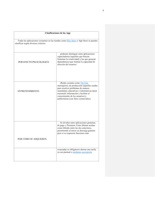 5
Clasificaciones de las App
Todas las aplicaciones existentes en las tiendas como Play Store o App Store se pueden
clasificar según diversos criterios
POR EFECTO PSCICOLOGICO
podemos distinguir entre aplicaciones
capacitadoras (aquellas que buscan
fomentar la creatividad) y las que generan
dependencia (que limitan la capacidad de
elección del usuario)
ENTRETENIMIENTO
(Redes sociales como Tik Tok,
mensajería), de producción (aquellas usadas
para resolver problemas de manera
inmediata), educativas o informativas (para
transmitir información y facilitar el
conocimiento de los usuarios) y
publicitarias (con fines comerciales).
POR COMO SE ADQUIEREN
Se dividen entre aplicaciones gratuitas,
de pago y Premium. Estas últimas actúan
como híbrido entre las dos anteriores,
permitiendo al inicio su descarga gratuita
pero si se requieren funciones más
avanzadas es obligatorio abonar una tarifa,
ya sea puntual o mediante suscripción
 