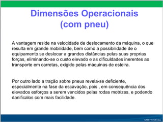 Dimensões Operacionais
(com pneu)
A vantagem reside na velocidade de deslocamento da máquina, o que
resulta em grande mobilidade, bem como a possibilidade de o
equipamento se deslocar a grandes distâncias pelas suas proprias
forças, eliminando-se o custo elevado e as dificuldades inerentes ao
transporte em carretas, exigido pelas máquinas de esteira.
Por outro lado a tração sobre pneus revela-se deficiente,
especialmente na fase da escavação, pois , em consequência dos
elevados esforços a serem vencidos pelas rodas motrizes, e podendo
danificalos com mais facilidade.
 