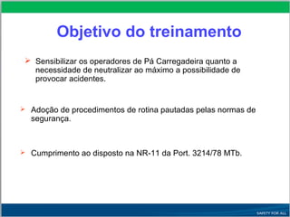 Objetivo do treinamento
 Sensibilizar os operadores de Pá Carregadeira quanto a
necessidade de neutralizar ao máximo a possibilidade de
provocar acidentes.
 Adoção de procedimentos de rotina pautadas pelas normas de
segurança.
 Cumprimento ao disposto na NR-11 da Port. 3214/78 MTb.
 