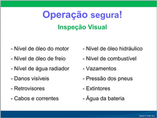 Operação segura!
Inspeção Visual
- Nível de óleo do motor - Nível de óleo hidráulico
- Nível de óleo de freio - Nível de combustível
- Nível de água radiador - Vazamentos
- Danos visíveis - Pressão dos pneus
- Retrovisores - Extintores
- Cabos e correntes - Água da bateria
 