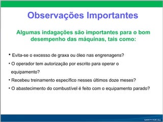 Algumas indagações são importantes para o bom
desempenho das máquinas, tais como:
• Evita-se o excesso de graxa ou óleo nas engrenagens?
• O operador tem autorização por escrito para operar o
equipamento?
• Recebeu treinamento específico nesses últimos doze meses?
• O abastecimento do combustível é feito com o equipamento parado?
Observações Importantes
 