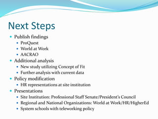 Next Steps
 Publish findings
 ProQuest
 World at Work
 AACRAO
 Additional analysis
 New study utilizing Concept of Fit
 Further analysis with current data
 Policy modification
 HR representations at site institution
 Presentations
 Site Institution: Professional Staff Senate/President’s Council
 Regional and National Organizations: World at Work/HR/HigherEd
 System schools with teleworking policy
 