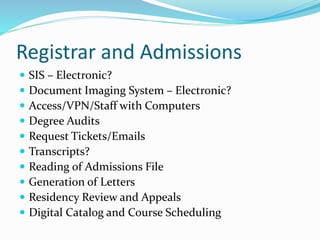 Registrar and Admissions
 SIS – Electronic?
 Document Imaging System – Electronic?
 Access/VPN/Staff with Computers
 Degree Audits
 Request Tickets/Emails
 Transcripts?
 Reading of Admissions File
 Generation of Letters
 Residency Review and Appeals
 Digital Catalog and Course Scheduling
 