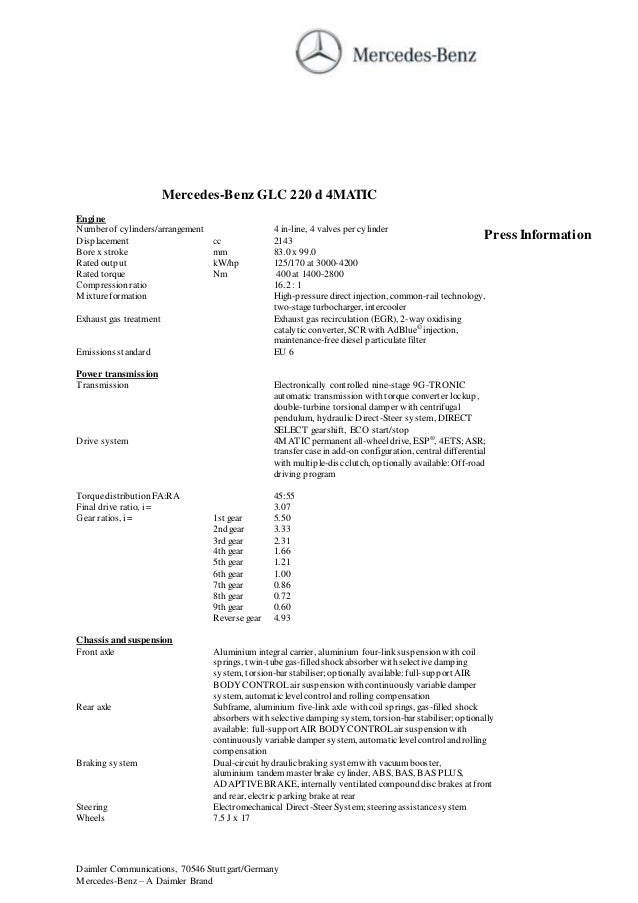 2016 Mercedes Glc Technical Data